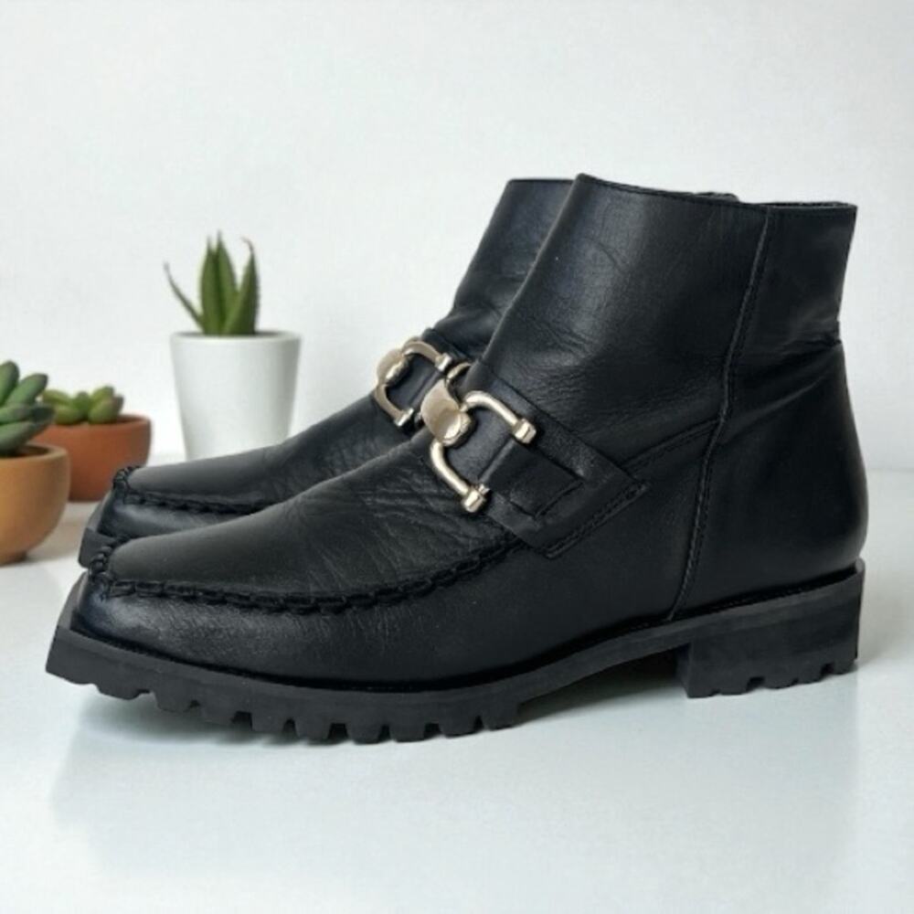 ALOHAS Black Leather Ankle Booties with Gold Buckle Detail